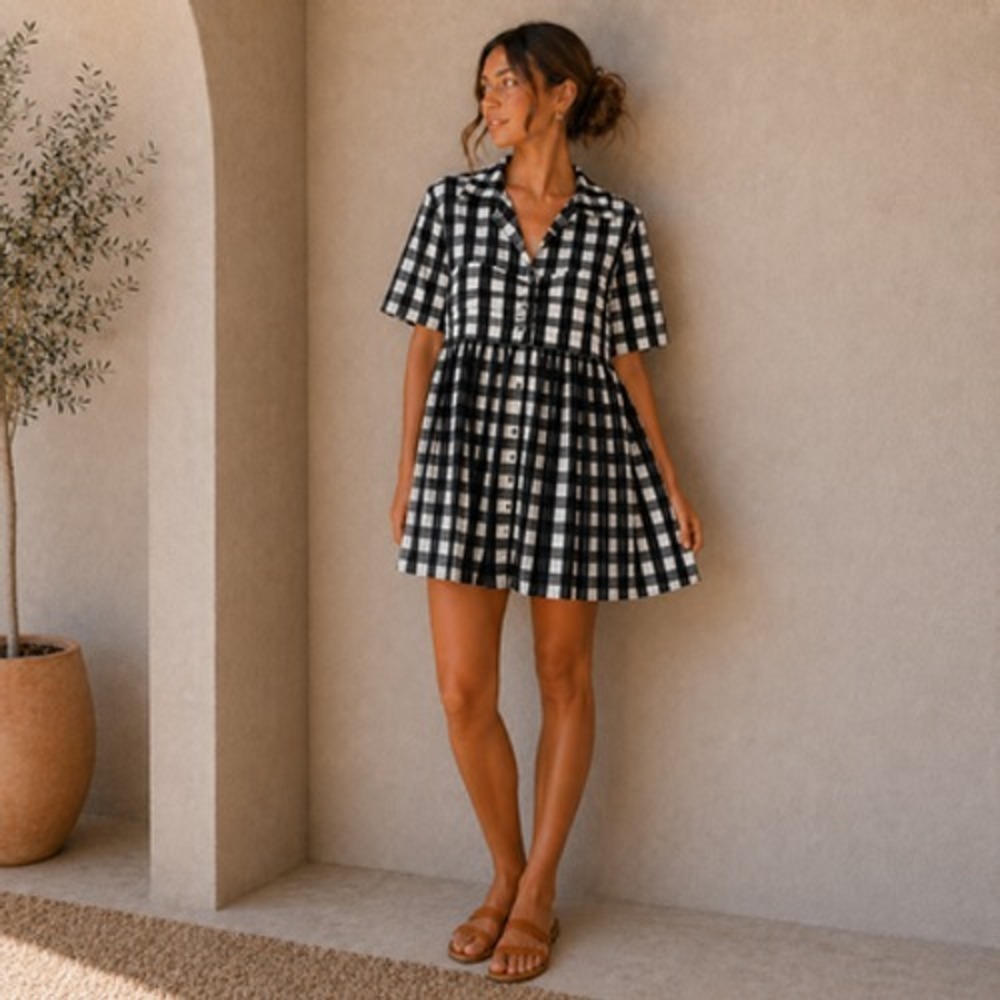 Marques Almeida Shirt Dress Womens L Black Gingham Ruched Trapeze Swing Babydoll